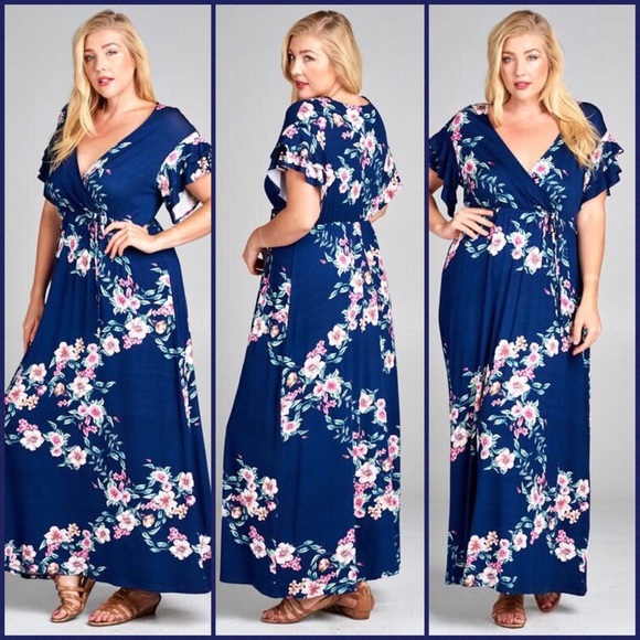 Dresses & Skirts - Plus Size Blue Floral Faux Wrap Maxi Dress